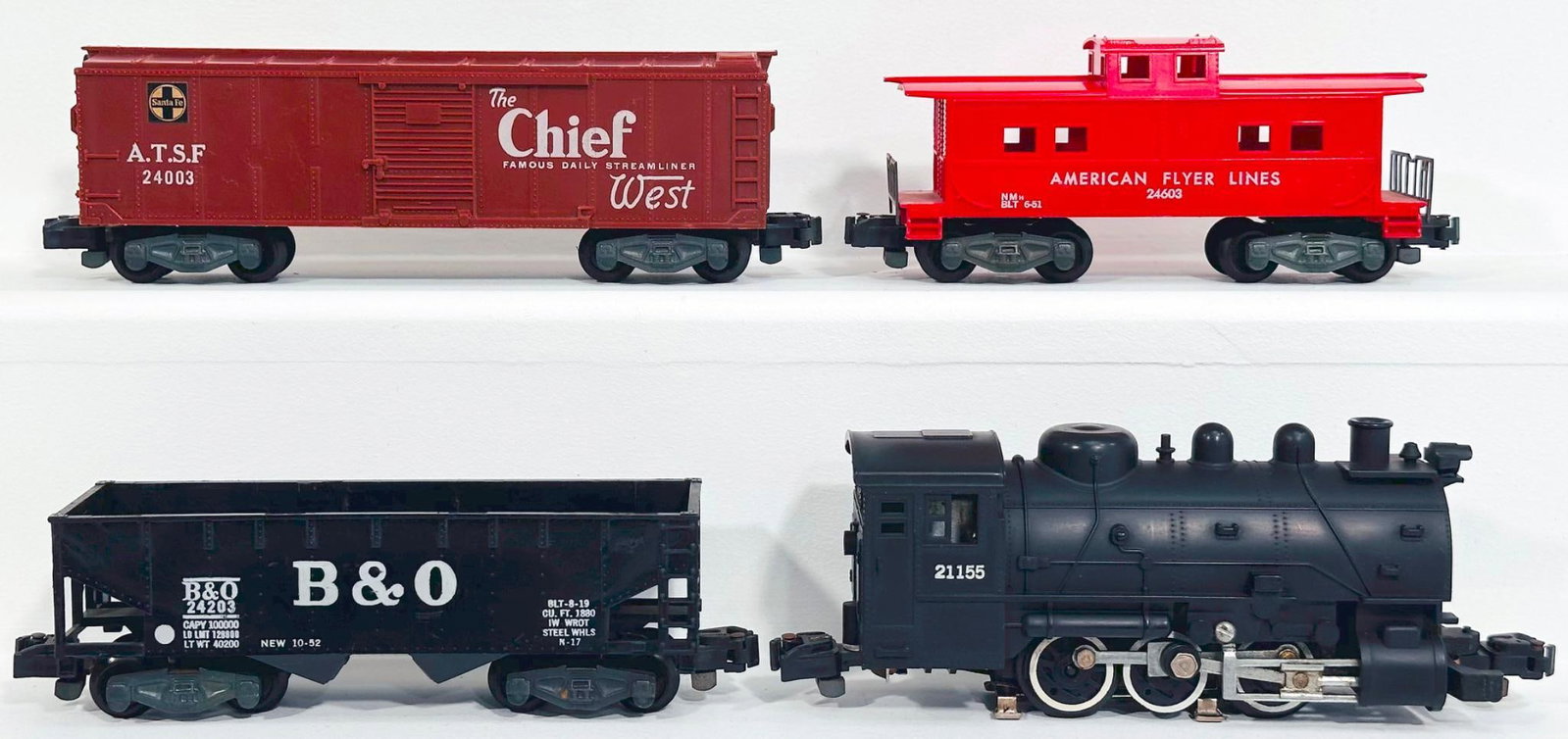 American Flyer Postwar S Gauge 21155 Dockside Switcher - 24203 - 24003 - 24603: American Flyer Postwar S Gauge 21155 Dockside Switcher - 24203 - 24003 - 24603, each in C7 plus or better.