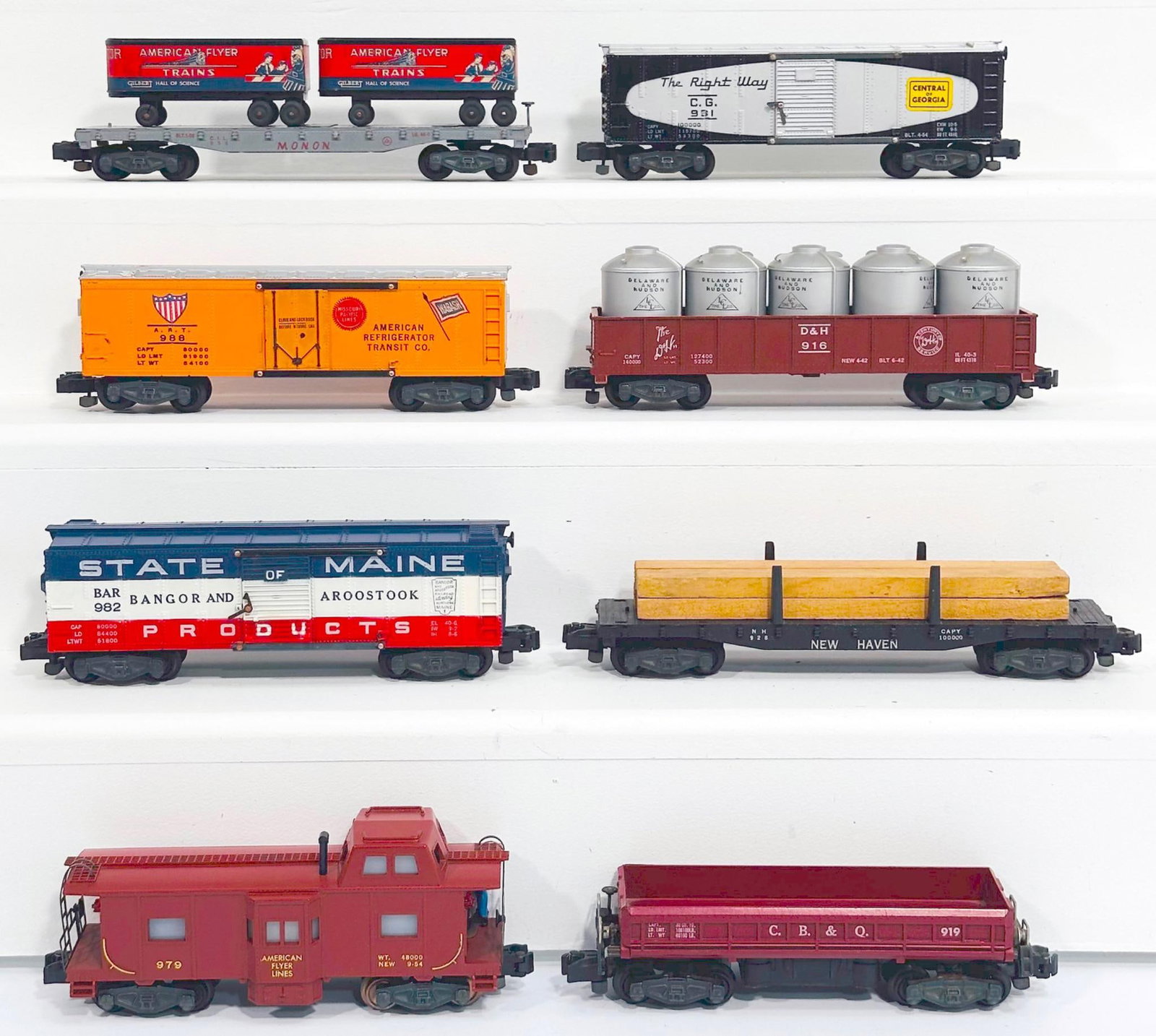 American Flyer Postwar S Gauge Eight (8) Assorted Freight Cars: American Flyer Postwar S Gauge Eight (8) Assorted Freight Cars, including 988 in C7, 956 in C7 plus, 982 in C7 plus, 981 in C7 plus, 916 with 5 canisters in C7 plus, 928 with lumber load in C7 plus, 9