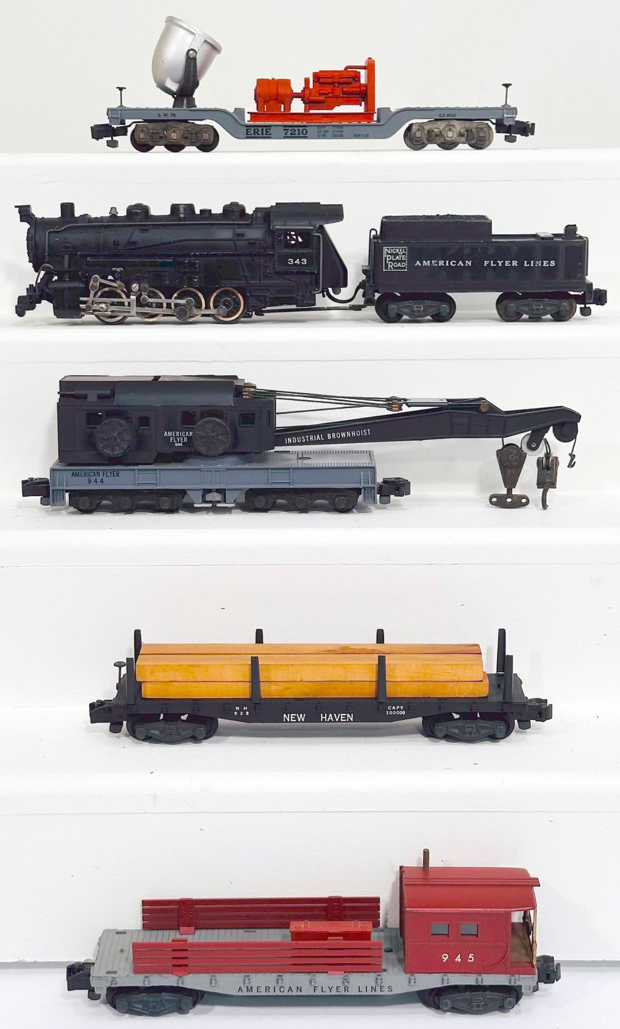 American Flyer Postwar S Gauge 343 Nickel Plate Road 0 - 4 - 2 Switcher Locomotive and Tender and: American Flyer Postwar S Gauge 343 Nickel Plate Road 0 - 4 - 2 Switcher Locomotive and Tender and Four (4) Assorted Freight Cars, with the 343 in C7 or better, 945 in C7 plus, 946 in C7 plus, 944 in C