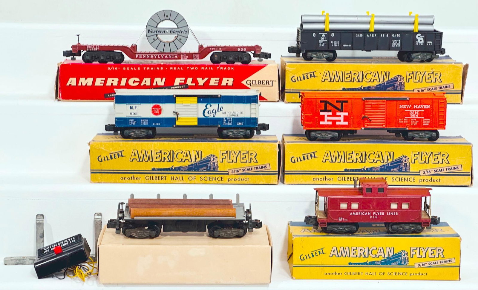 American Flyer Postwar S Gauge Six (6) Assorted Freight Cars: American Flyer Postwar S Gauge Six (6) Assorted Freight Cars, including 983 in C7 plus with its original box, 936 in C7 plus and with its original box with some end flap damage, 930 in C7 plus and wit