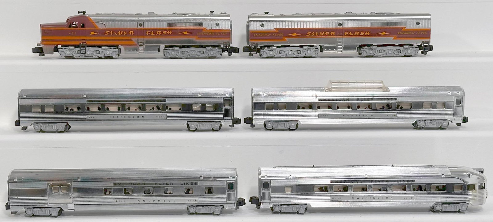 American Flyer Postwar S Gauge 477 and 478 Silver Flash A - B Alco Diesel Units and Four (4): American Flyer Postwar S Gauge 477 and 478 Silver Flash A - B Alco Diesel Units and Four (4) Assorted Chrome Passenger Cars, with the 477 and 478, each in C7 plus, including 961, 963, 962 and 960 Chro