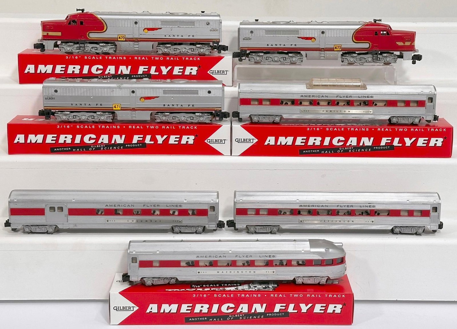 American Flyer Postwar S Gauge 470-471-473 Santa Fe A-B-A Alco Diesel Units/4 Assorted Red Striped: American Flyer Postwar S Gauge 470 - 471 - 473 Santa Fe Red and Silver A - B - A Alco Diesel Units and Four (4) Assorted Red Striped Passenger Cars, with the 470 in C7 plus, 471 in C7 plus and 473 in 