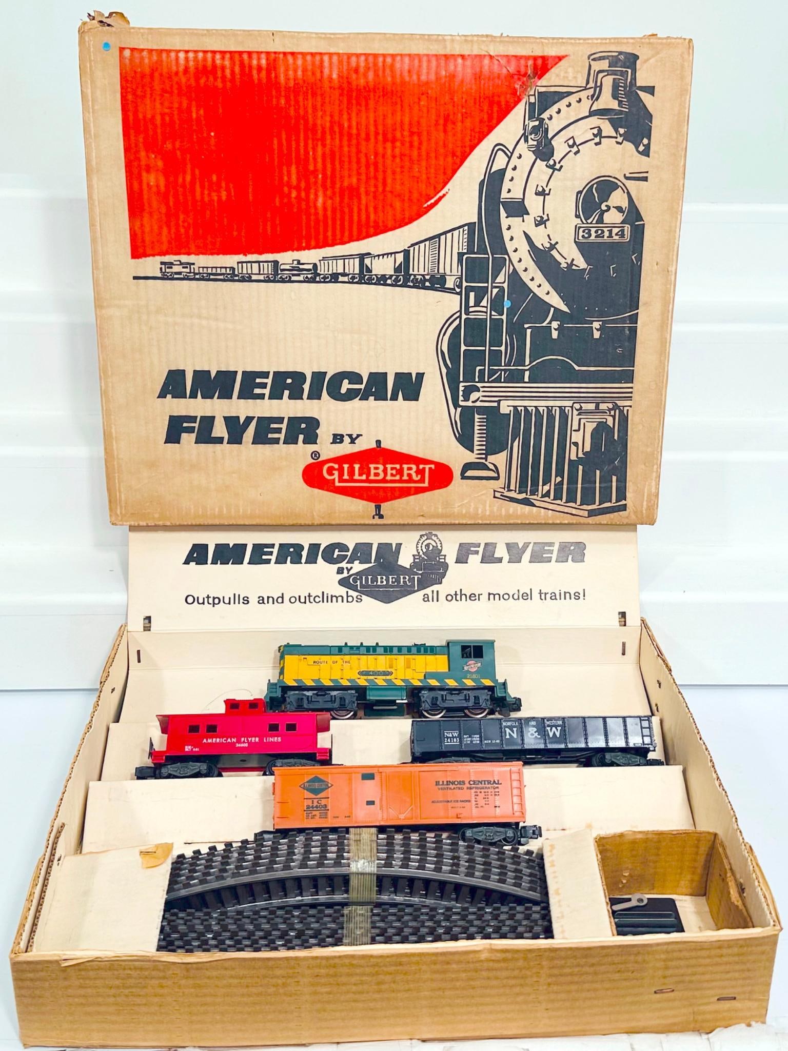 American Flyer Postwar S Gauge Outfit No. 20410 Flying Freighter Freight Set from 1958 and Set Box: American Flyer Postwar S Gauge Outfit No. 20410 Flying Freighter Freight Set from 1958, including 21801 Baldwin, 24103, 24403 and 24603, each in C7 plus or better and with its original Set Box No. 204