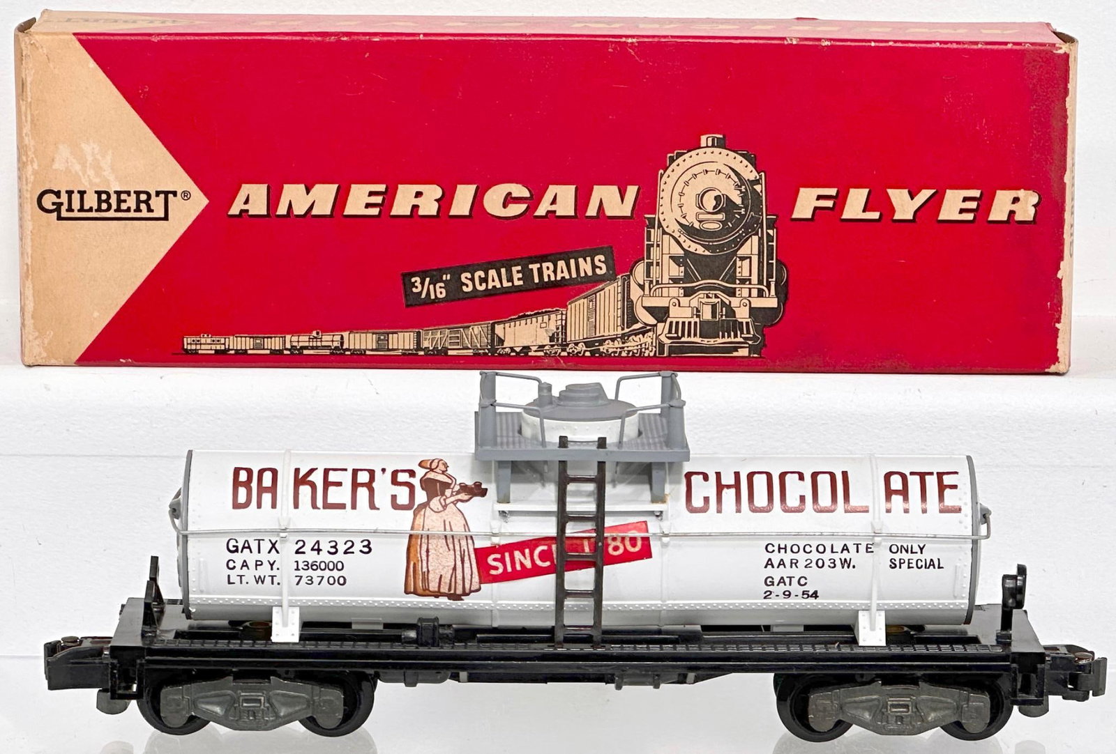 American Flyer Postwar S Gauge 24323 Baker's Chocolate Tank Car Boxed: American Flyer Postwar S Gauge 24323 Baker's Chocolate Tank Car Boxed, in C7 plus and with its original box.