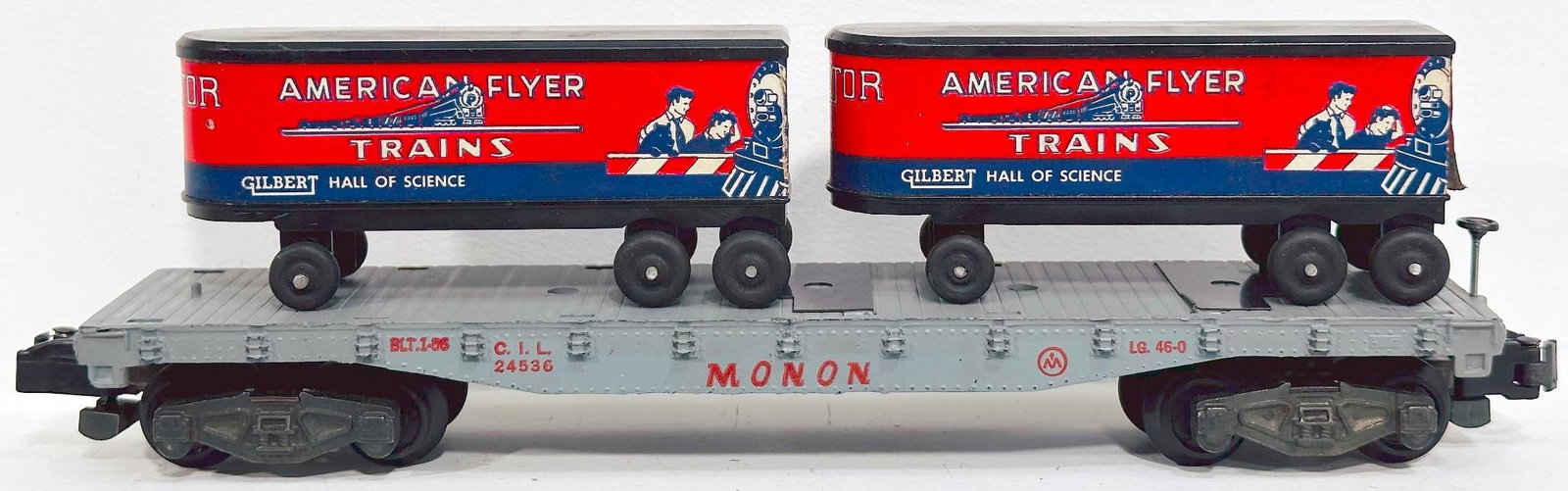 American Flyer Postwar S Gauge 24536 Flat Car with 2 trailers rare: American Flyer Postwar S Gauge 24536 Flat Car with 2 trailers rare, in C7 plus.