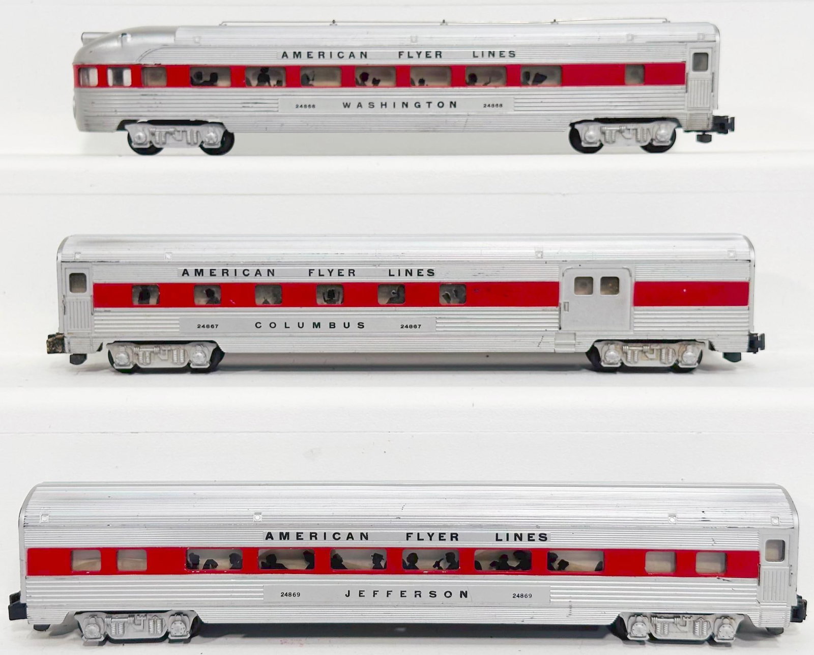 American Flyer Postwar S Gauge 24867 - 24869 - 24869 Passenger Cars with red stripes thru windows: American Flyer Postwar S Gauge 24867 - 24869 - 24869 Passenger Cars with red stripes thru windows, each in C7.