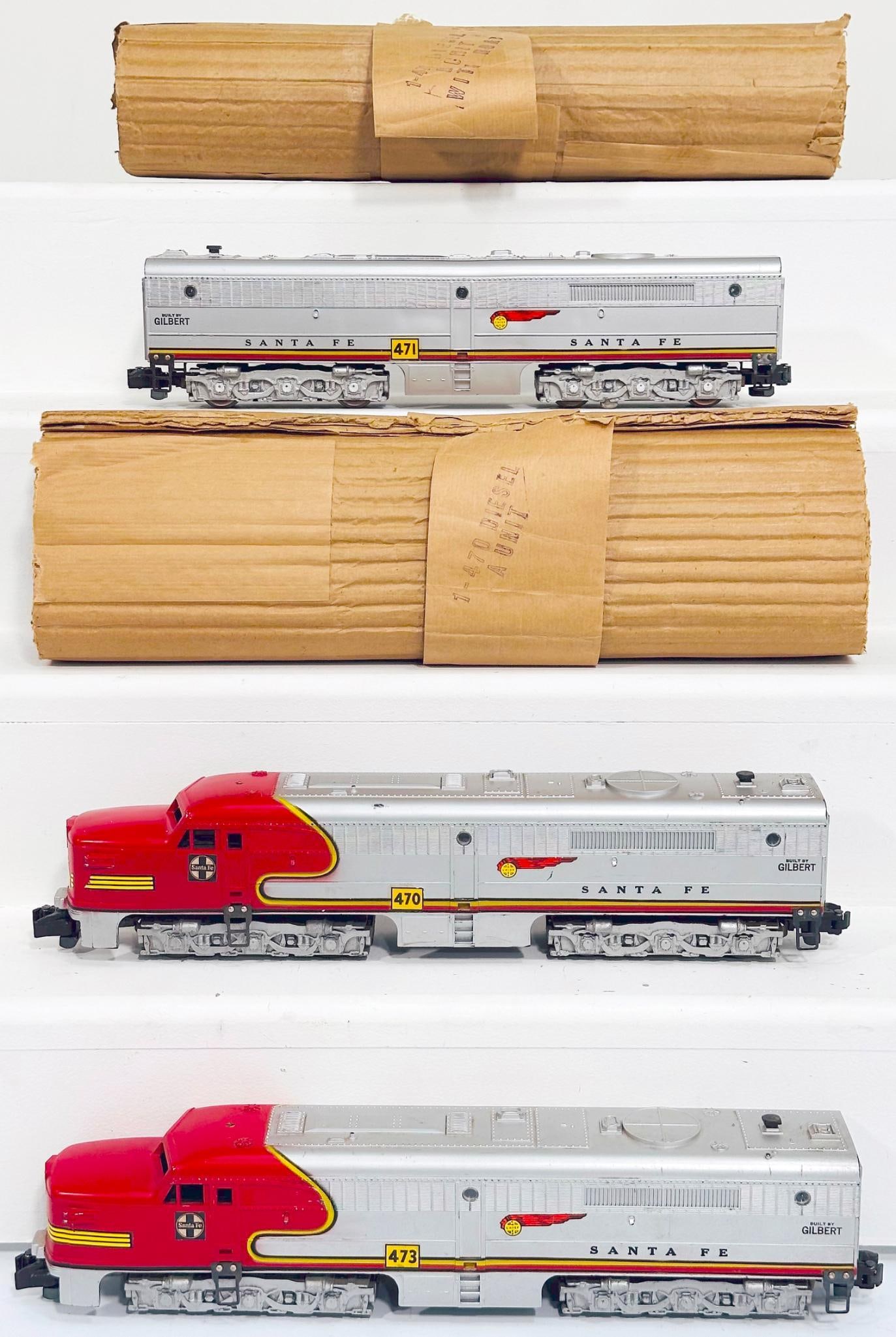American Flyer Postwar S Gauge 470 - 471 - 473 Santa Fe red and silver A - B - A Alco Diesel Units: American Flyer Postwar S Gauge 470 - 471 - 473 Santa Fe red and silver A - B - A Alco Diesel Units, with the 470 in C7 to C7 plus and missing its horn and with its original wrap, 473 in C7 and missing