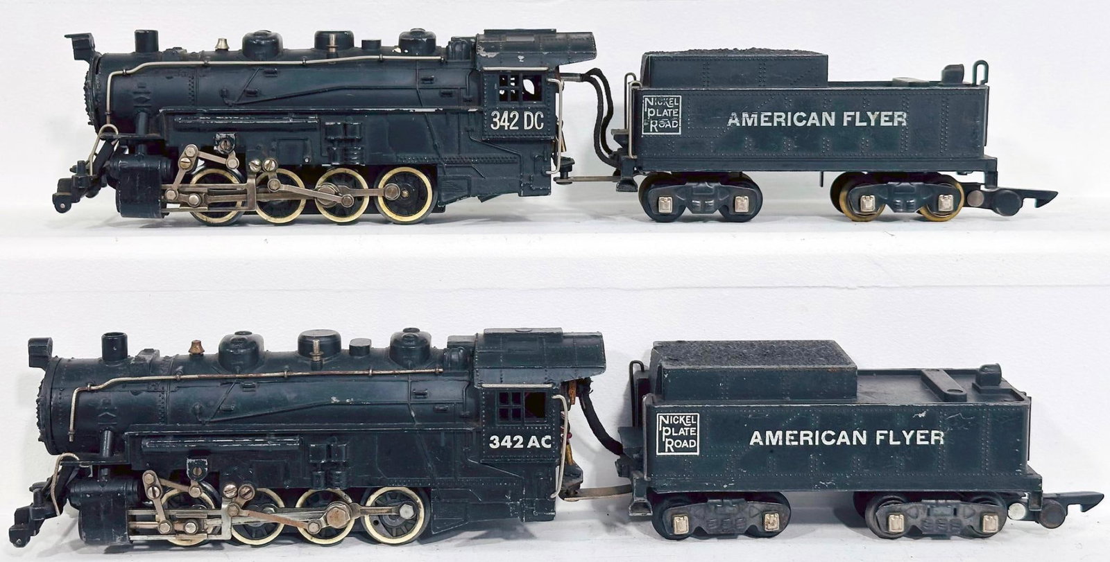 American Flyer Postwar S Gauge 342DC Nickel Plate Road 0 - 8 - 2 Switcher Locomotive and Tender: American Flyer Postwar S Gauge 342DC Nickel Plate Road 0 - 8 - 2 Switcher Locomotive and Tender and 342AC Nickel Plate Road 0 - 8 - 0 Switcher Locomotive and Tender, each in C7.