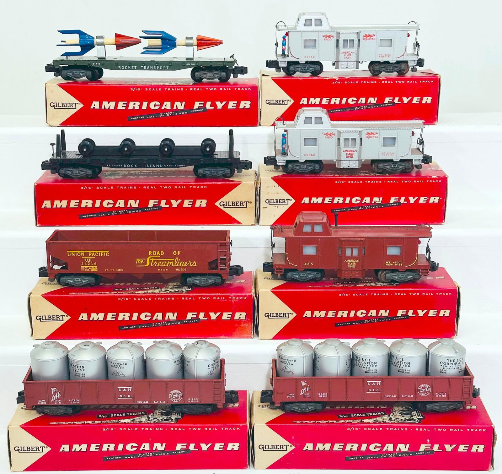 American Flyer Postwar S Gauge Eight (8) Assorted Freight Cars Boxed: American Flyer Postwar S Gauge Eight (8) Assorted Freight Cars Boxed, including 916 with 5 canisters X2, in C7 plus and each with its original box, 24216 in C7 plus and with its original box, 24553 Ro