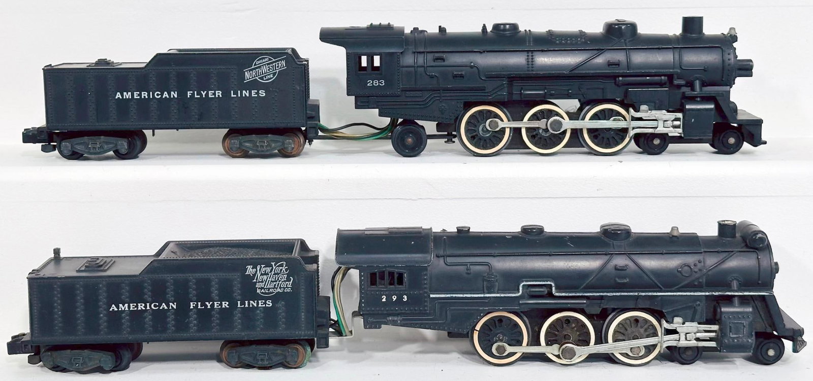 American Flyer Postwar S Gauge 283 Chicago Northwestern 4-6-2 Locomotive and Tender: American Flyer Postwar S Gauge 283 Chicago Northwestern 4-6-2 Locomotive and Tender/293 New York New Haven Hartford Locomotive and Tender, with 283 in C7 plus and the 293 in C7 minus and missing rear 