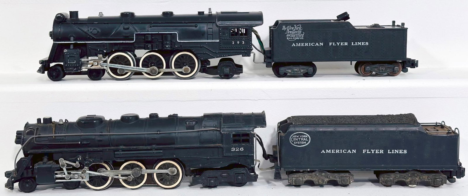 American Flyer Postwar S Gauge 293 New York New Haven Hartford Locomotive and Tender: American Flyer Postwar S Gauge 293 New York New Haven Hartford Locomotive and Tender/326 NYC 4-6-4 Locomotive and Tender, with the 293 in C7 plus and the 326 in C7.