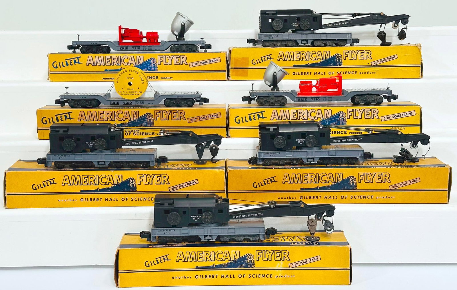 American Flyer Postwar S Gauge Seven (7) Assorted Freight Cars Boxed: American Flyer Postwar S Gauge Seven (7) Assorted Freight Cars Boxed, including 946 Floodlight Car, 946 Floodlight Car, 936 Depressed Center Car and 944 Crane Car X4, each in C7 plus or better and eac