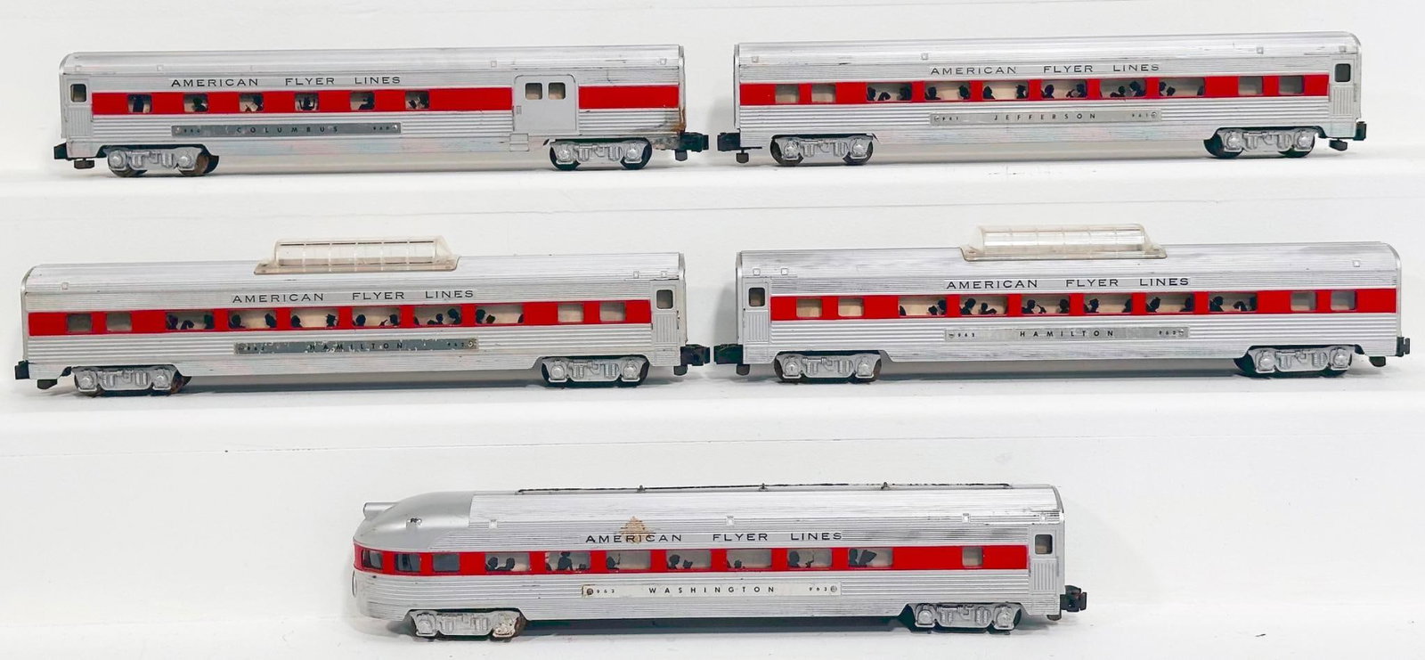 American Flyer Postwar S Gauge Five (5) Assorted Aluminum Passenger Cars with red stripes thru: American Flyer Postwar S Gauge Five (5) Assorted Aluminum Passenger Cars with red stripes thru windows, including 961, 962, 963, 962 and 960, each C7 minus to C7.