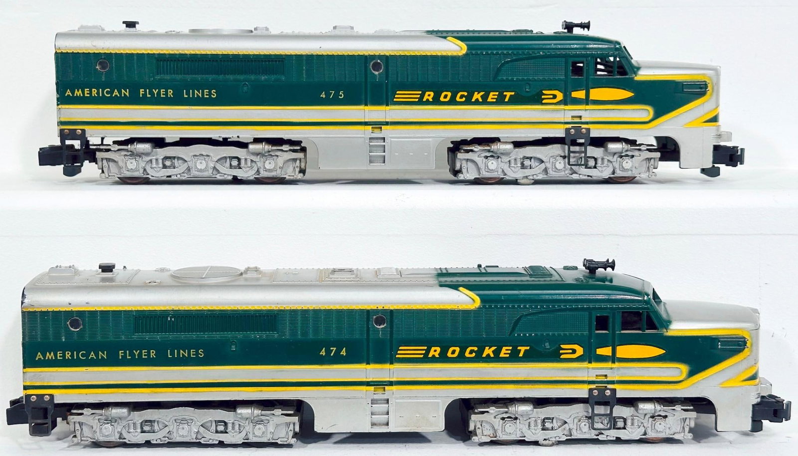 American Flyer Postwar S Gauge 474 and 475 Rocket A - A Alco Diesel Units: American Flyer Postwar S Gauge 474 and 475 Rocket A - A Alco Diesel Units, each in C7 plus.