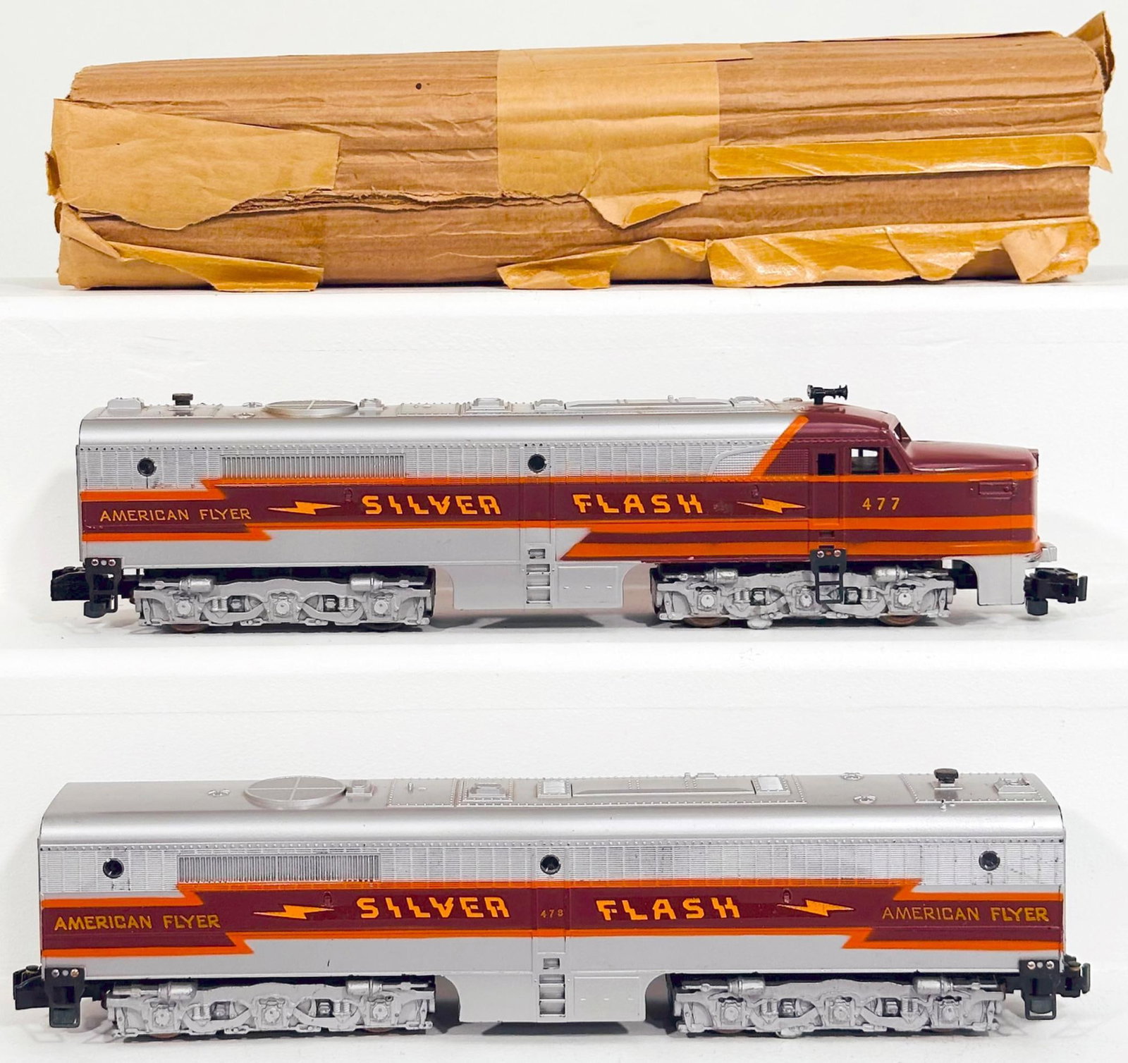 American S Gauge 477 and 478 Silver Flash A - B Alco Diesel Units: American S Gauge 477 and 478 Silver Flash A - B Alco Diesel Units, each in C7 plus and original wrap for the 477.