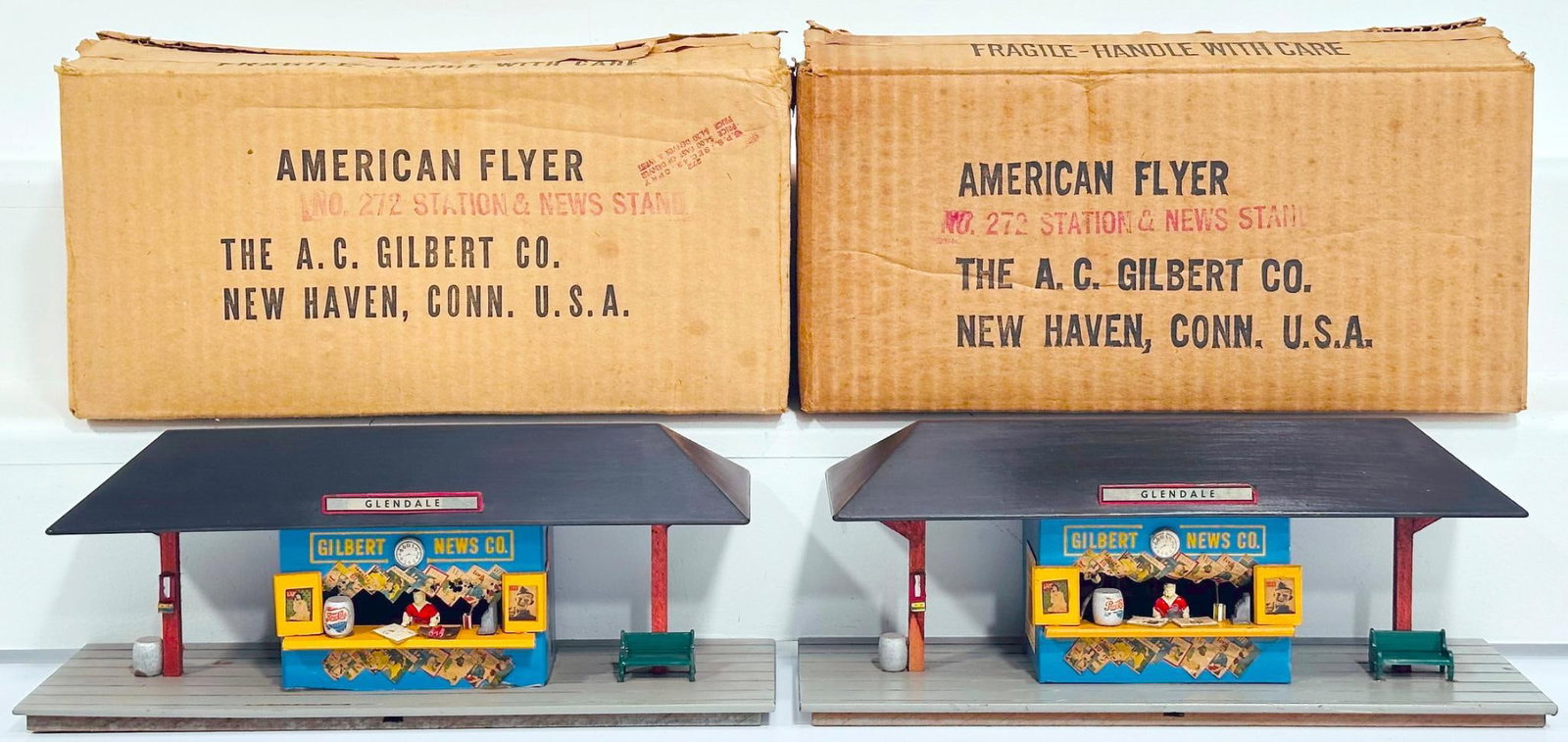 American Flyer Postwar S Gauge 272 Station and Newsstand Boxed and 272 Station and Newsstand Boxed: American Flyer Postwar S Gauge 272 Station and Newsstand Boxed and 272 Station and Newsstand Boxed, each in C7 or better and each with its original box.