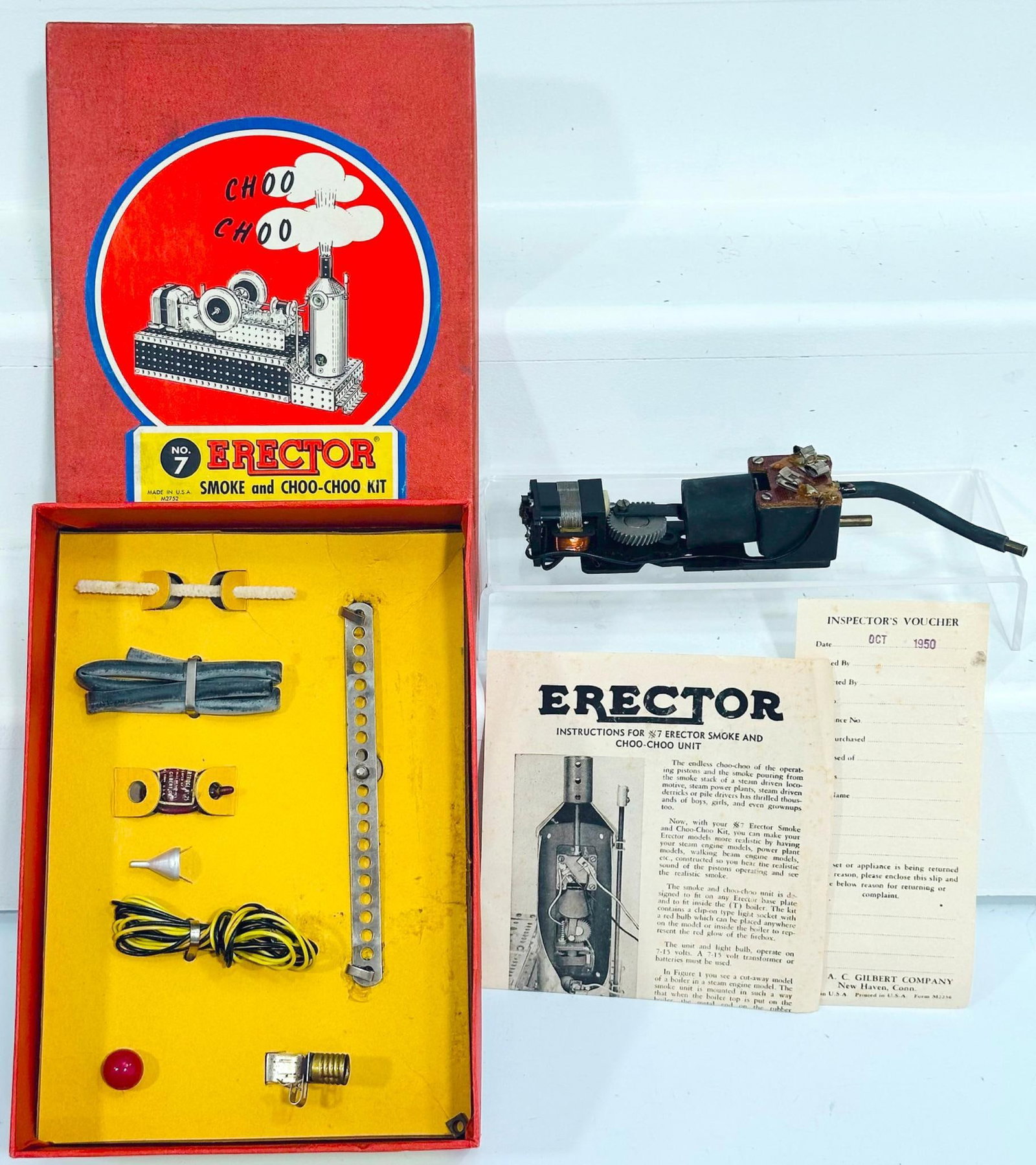 American Flyer Postwar S Gauge No. 7 Erector Smoke and Choo-Choo Unit: American Flyer Postwar S Gauge No. 7 Erector Smoke and Choo-Choo Unit, in C8 and with its instructions and with its original box.