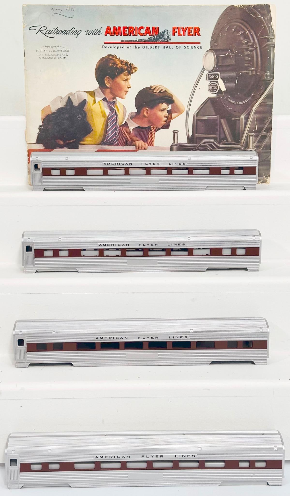 American Flyer Postwar S Gauge brown stripe through windows Passenger Car shell only X4 and American: American Flyer Postwar S Gauge brown stripe through windows Passenger Car shell only X4, each in C7. This Lot also includes the American Flyer Catalog from 1946, in fair condition with small tear in