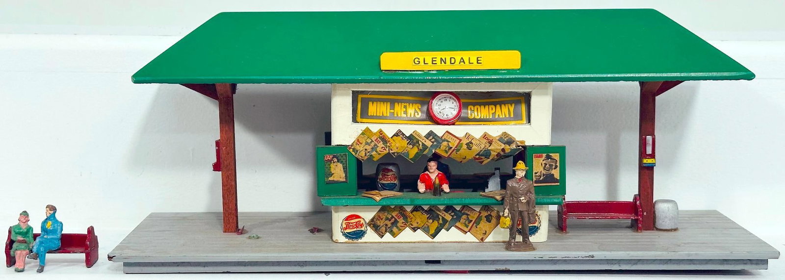 Mini - Craft Postwar S Gauge Newsstand: Mini - Craft Postwar S Gauge Newsstand, in C6, because Glendale signage affixed to the roof identification sign and the Mini News Company sign with clock is pushed inward and the bench is missing on