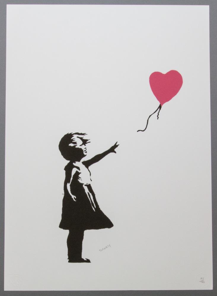 Banksy „Girl with Balloon”: BANKSY (after) „Girl with Balloon” lithography print, sheet size 50 x 70 cm, signed bottom middle, pencil „BANKSY”, numbered bottom right with pencil, limited edition 75/150, b