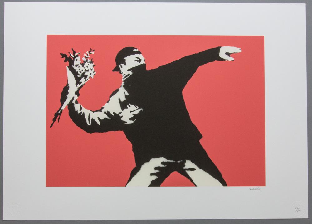 Banksy „Love Is In the Air”: BANKSY (after) „Love Is In the Air” lithography print, sheet size 50 x 70 cm, signed bottom right, pencil „BANKSY”, numbered bottom right with pencil, limited edition 72/150, b