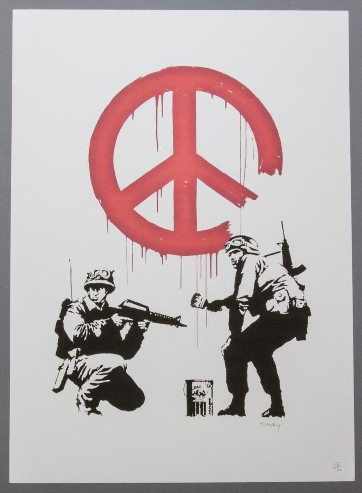 Banksy „Soldiers Painting Peace”: BANKSY (after) „Soldiers Painting Peace” lithography print, sheet size 50 x 70 cm, signed bottom right, pencil „BANKSY”, numbered bottom right with pencil, limited edition 56/1