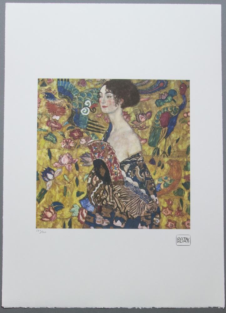 Gustav Klimt „Lady With Fan”: Gustav Klimt (after) „Lady With Fan”, limited edition of 200, chromolithography, plate signed bottom right, numbered with pencil bottom left 173/200, fine art paper, with La TREC Spa embos