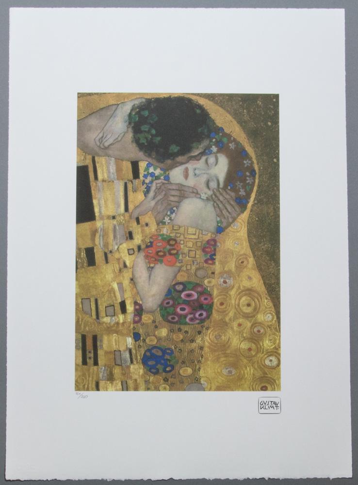 Gustav Klimt „The Kiss”: Gustav Klimt (after) „The Kiss”, limited edition of 200, chromolithography, plate signed bottom right, numbered with pencil bottom left 120/200, fine art paper, with La TREC Spa embossing,