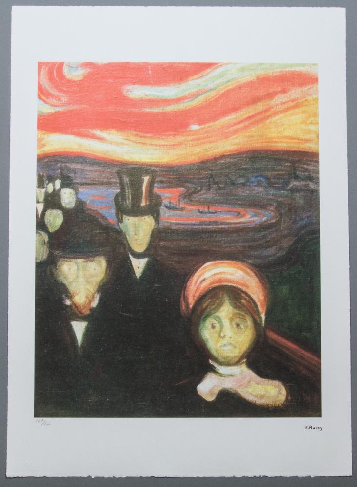 Edvard Munch „Anxiety”: Edvard Munch (after) „Anxiety”, limited edition of 200, chromolithography, plate signed bottom right, numbered with pencil bottom left 164/200, fine art paper, with La TREC Spa embossing,