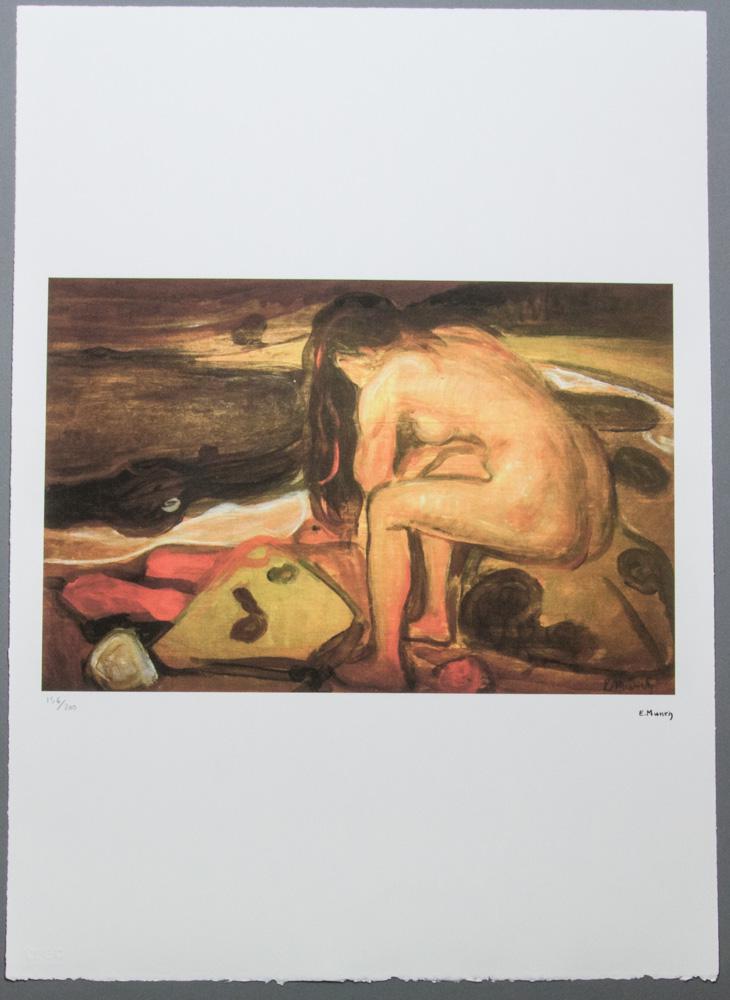 Edvard Munch „Female Nude On the Beach”: Edvard Munch (after) „Female Nude On the Beach” limited edition of 200, chromolithography, plate signed bottom right, numbered with pencil bottom left 156/200, fine art paper, with La TREC