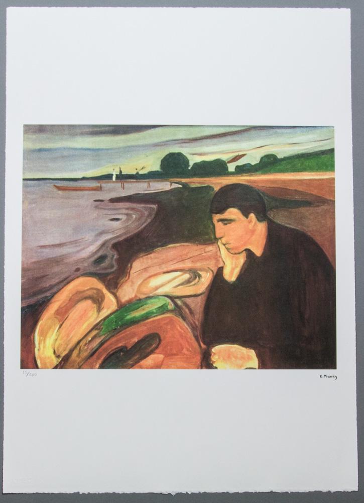 Edvard Munch „Melancholy”: Edvard Munch (after) „Melancholy” limited edition of 200, chromolithography, plate signed bottom right, numbered with pencil bottom left 15/200, fine art paper, with La TREC Spa embossing,