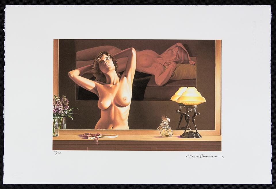 Mel Ramos "Young Girl Before a Mirror": Mel Ramos (after) „Young Girl Before a Mirror” offset lithograph in colors on Arches paper, Georges Israel Editeur, sheet size 38,5 x 57 cm, plate signed bottom right, numbered with pencil