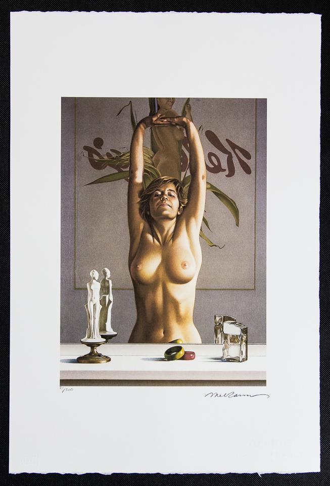 Mel Ramos "Young Girl Before a Mirror": Mel Ramos (after) „Young Girl Before a Mirror” offset lithograph in colors on Arches paper, Georges Israel Editeur, sheet size 38,5 x 57 cm, plate signed bottom right, numbered with pencil