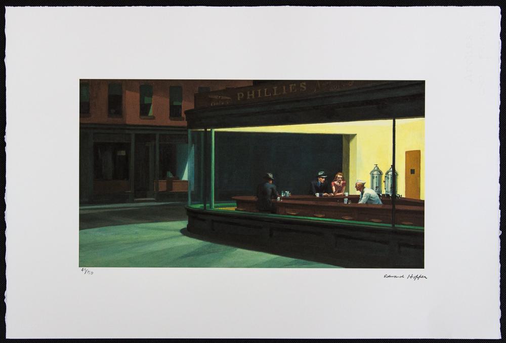 Edward Hopper "Nighthawks": Edward Hopper (after) „Nighthawks” lithography print, signed bottom right, numbered with pencil bottom left, limited edition 45/150, bottom left embossing stamp „Georges Israel Edite