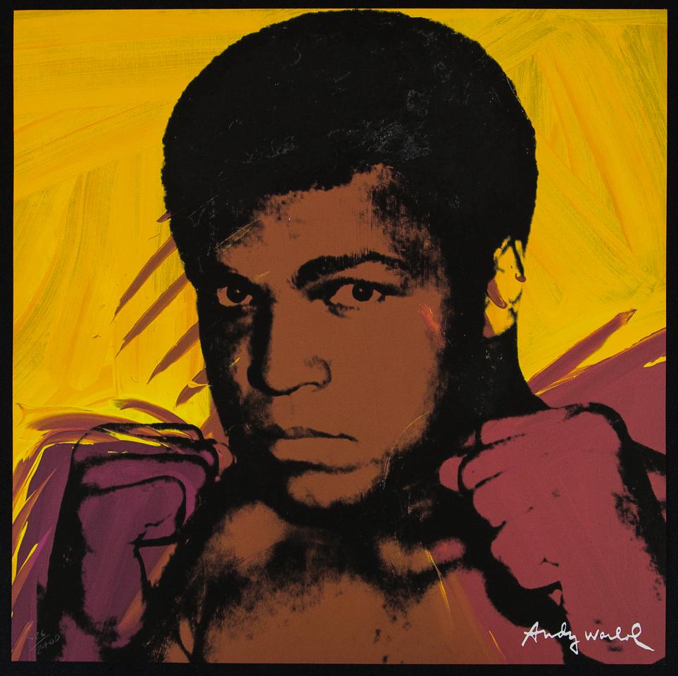 Andy Warhol "Muhammad Ali": Andy Warhol (after) „Muhammad Ali" offset lithography, size 60 x 60 cm, plate signed bottom right, numbered with pencil, limited edition 526/2400, heavy paper, stamped with CMOA on the back (Car