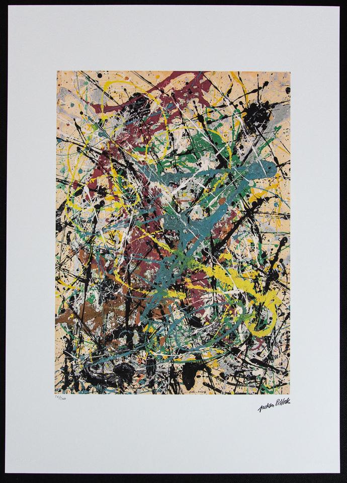 Jackson Pollock "Number 16": Jackson Pollock (after) „Number 16" lithography print, sheet size 50 x 70 cm, plate signed bottom right, numbered with pencil bottom left, limited edition 26/300, with embossing stamp „SPA