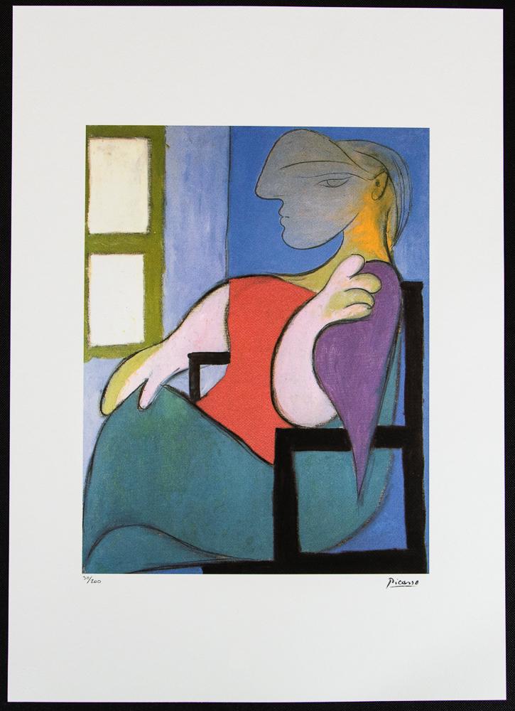 Pablo Picasso "Woman Sitting Near a Window": Pablo Picasso (after) „Woman Sitting Near a Window" lithograph print, limited edition of 200, sheet size 50 x 70 cm, plate signed bottom right, numbered with pencil bottom left 30/200, wove pape