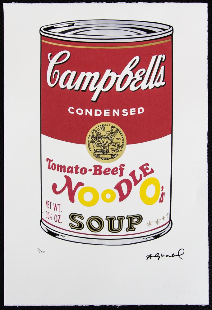 Andy Warhol "Campbell's Soup II": Andy Warhol (after) „Campbell's Soup II: Tomato-Beef Noodle O's" offset lithograph in colors on Arches paper, Georges Israel Editeur, sheet size 38,5 x 57 cm, plate signed bottom right, numbered