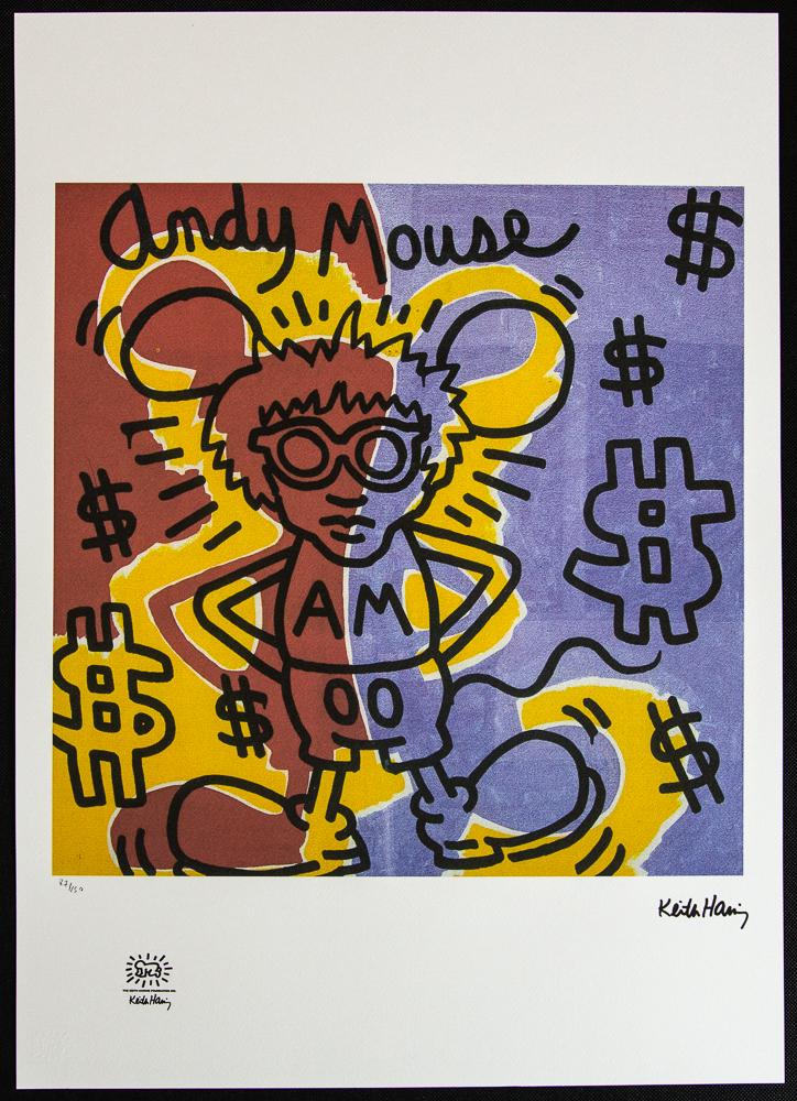 Keith Haring "Andy Mouse": Keith Haring (after) "Andy Mouse" offset lithography, limited edition of 150, sheet size 50 x 70 cm, plate signed bottom right, numbered with pencil bottom left 87/150, cotton paper, Keith Haring Foun