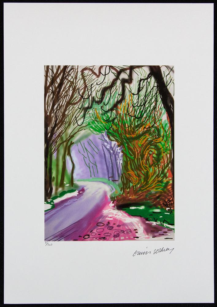 David Hockney "The Arrival Of Spring In Woldgate": David Hockney (after) „The Arrival Of Spring In Woldgate" limited edition of 200, lithography print, plate signed bottom right, numbered with pencil bottom left 85/200, heavy cotton paper, with