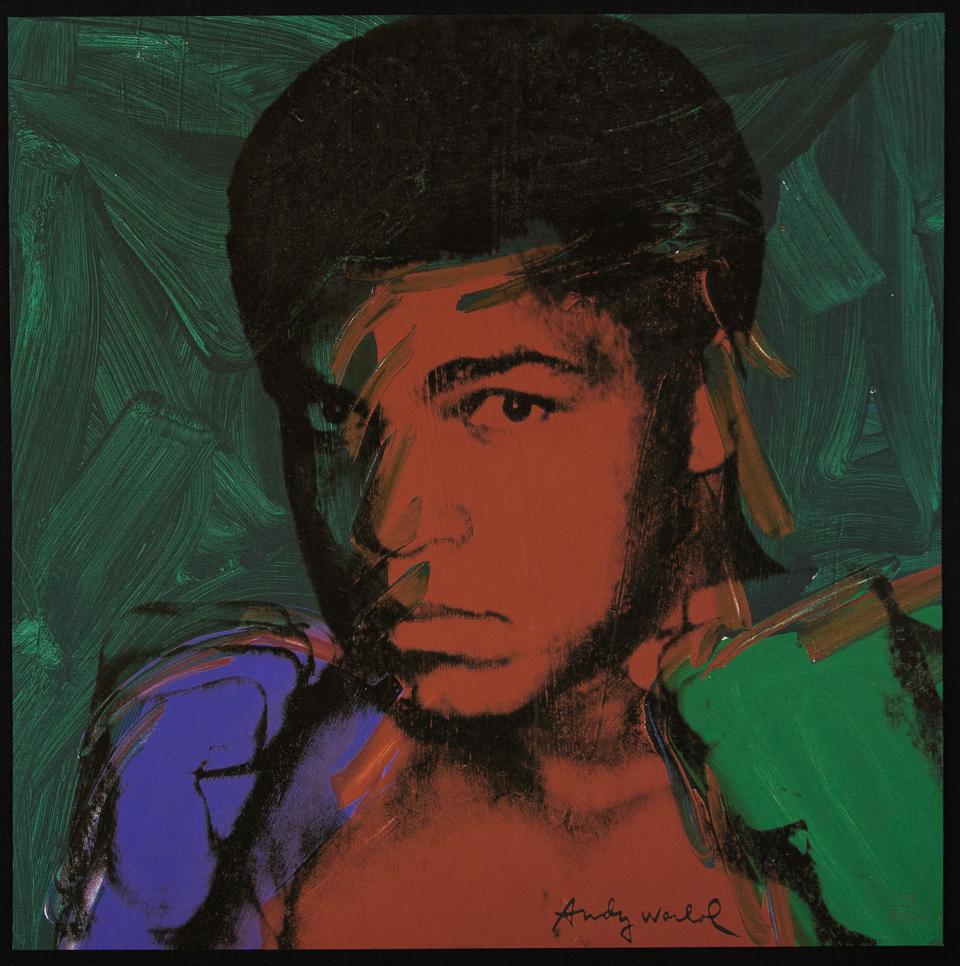 Andy Warhol "Muhammad Ali": Andy Warhol (after) „Muhammad Ali" offset lithography, size 60 x 60 cm, plate signed bottom right, numbered with pencil, limited edition 319/2400, heavy paper, stamped with CMOA on the back (Car