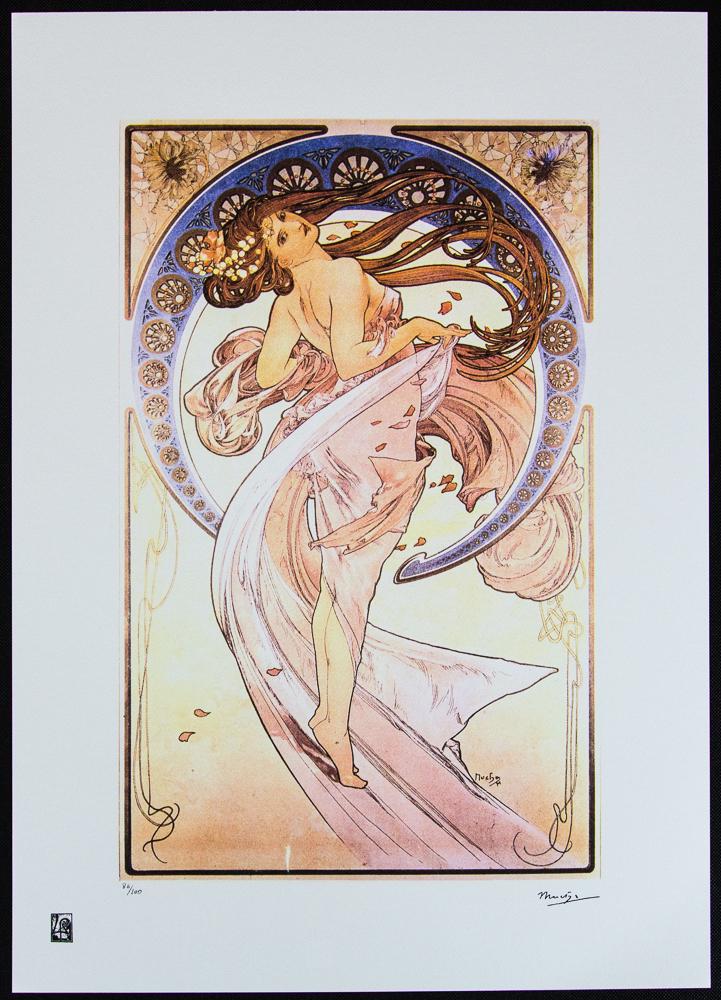 Alphonse Mucha "The Four Arts - Dance": Alphonse Mucha (after) „The Four Arts - Dance” lithography print, sheet size 50 x 70 cm, plate signed bottom right, numbered with pencil bottom left, limited edition 86/100, bottom left pu
