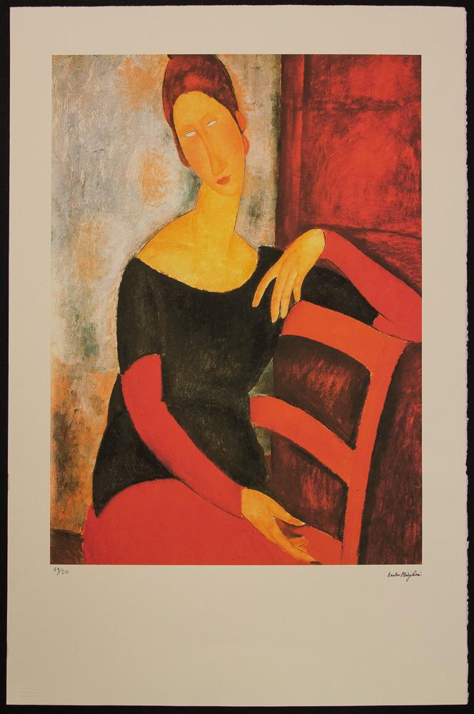 Amadeo Modigliani „Portrait Of Jeanne Hebuterne": Amadeo Modigliani (after) „Portrait Of Jeanne Hebuterne" lithography print, plate signed bottom right, numbered with pencil bottom left, limited edition 49/50, bottom left publishing house stamp