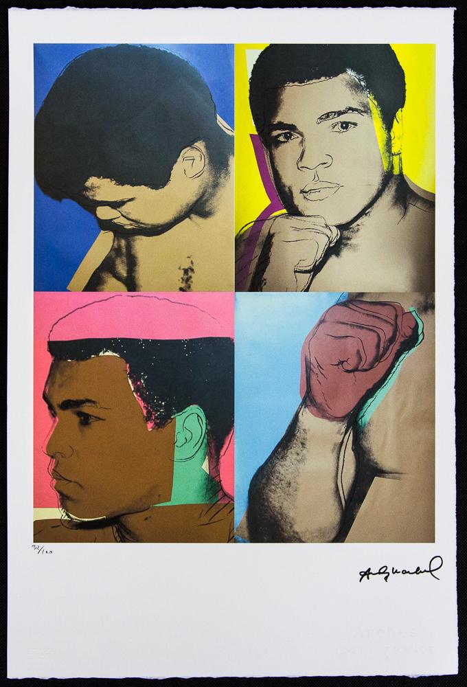 Andy Warhol "Muhammad Ali": Andy Warhol (after) „Muhammad Ali" offset lithograph in colors on Arches paper, Georges Israel Editeur, sheet size 38,5 x 57 cm, plate signed bottom right, numbered with pencil, limited edition 
