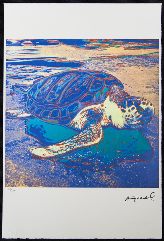 Andy Warhol "Turtle": Andy Warhol (after) „Turtle" offset lithograph in colors on Arches paper, Georges Israel Editeur, sheet size 38,5 x 57 cm, plate signed bottom right, numbered with pencil, limited edition 52/100
