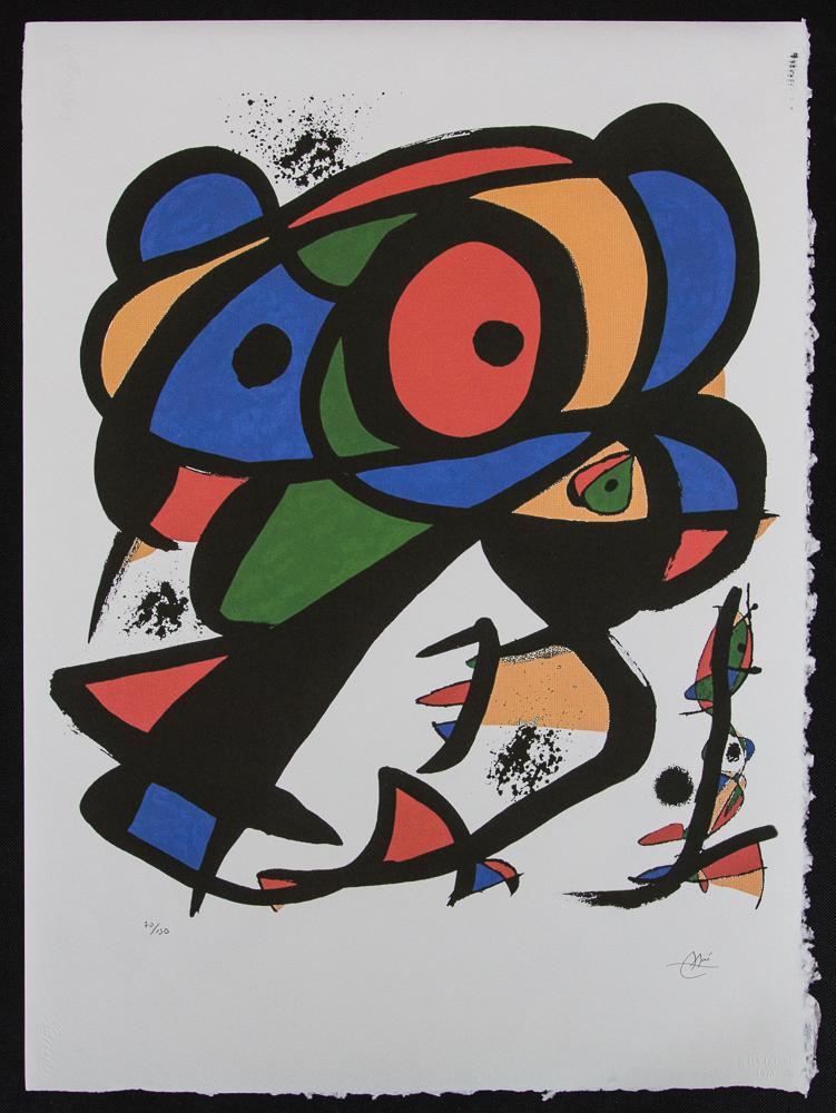 Joan Miro "Colpir Sense Nafrar I": Joan Miro (after) "Colpir Sense Nafrar I" lithography print, sheet size 56 x 76 cm, plate signed bottom right, numbered with pencil bottom left, limited edition 70/150, bottom right publishing house s