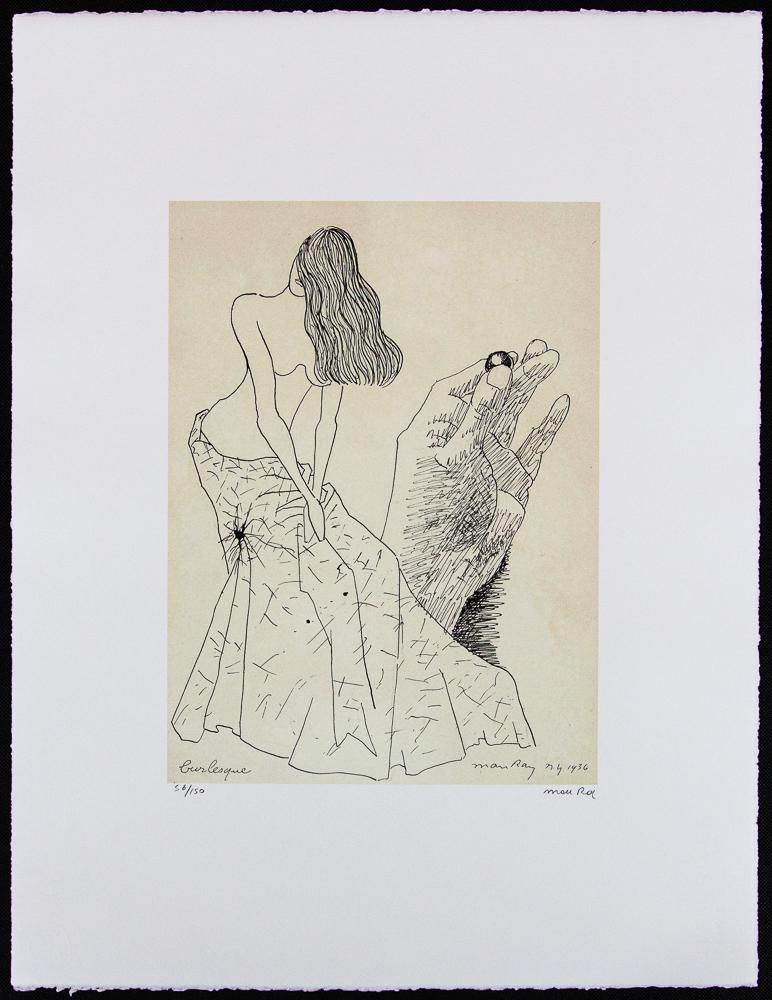Man Ray "Burlesque": Man Ray (after) „Burlesque" lithography print, signed bottom right, numbered with pencil bottom left, limited edition 56/150, bottom right publishing house stamp „Leonardo Artis” , h