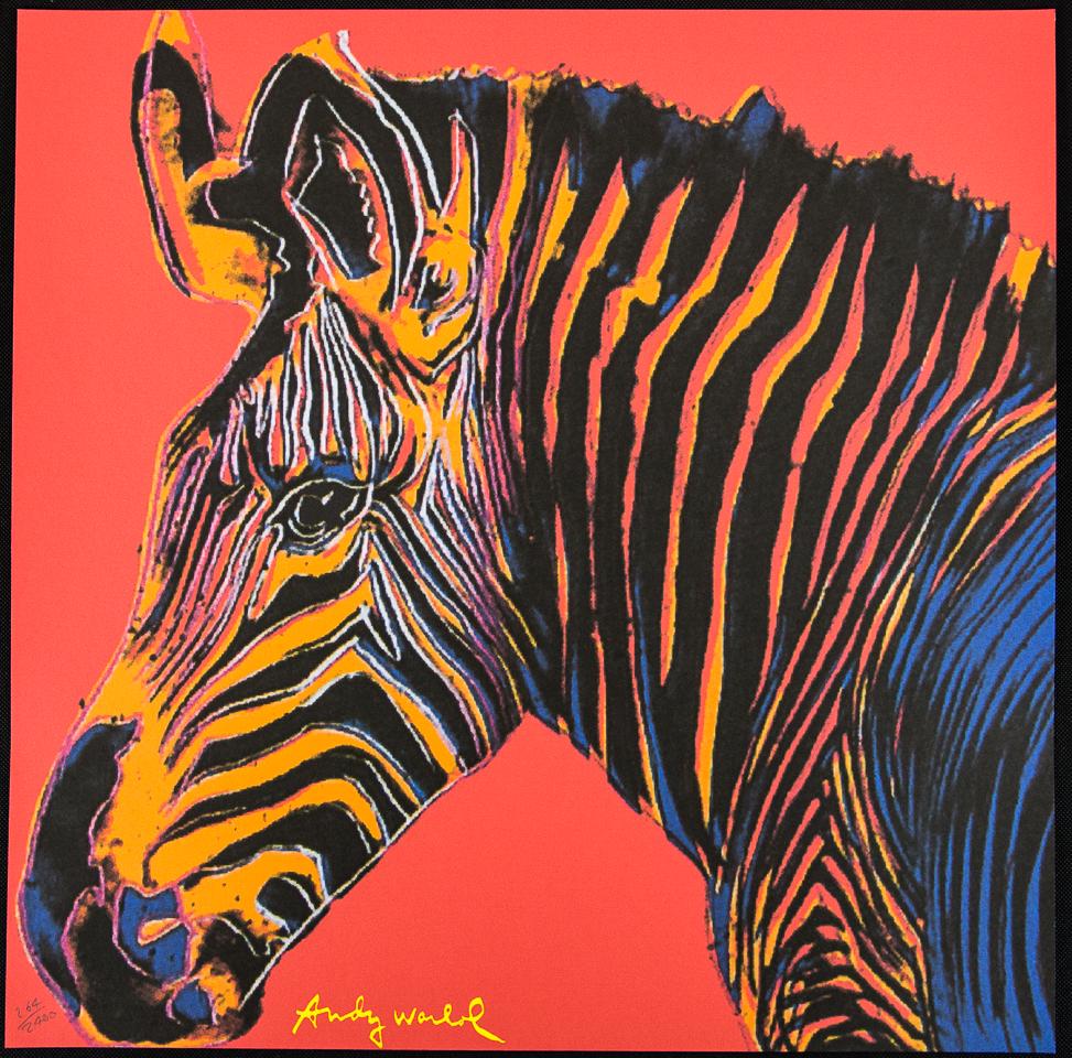 Andy Warhol "Grevy’s Zebra": Andy Warhol (after) „Grevy’s Zebra" offset lithography, size 60 x 60 cm, plate signed bottom centre, numbered with pencil, limited edition 264/2400, heavy paper, stamped with CMOA on the b