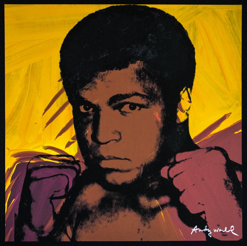 Andy Warhol „Muhammad Ali": Andy Warhol (after) â€žMuhammad Ali" offset lithography, size 60 x 60 cm, plate signed bottom right, numbered with pencil, limited edition 535/2400, heavy paper, stamped with CMOA on the back (Car