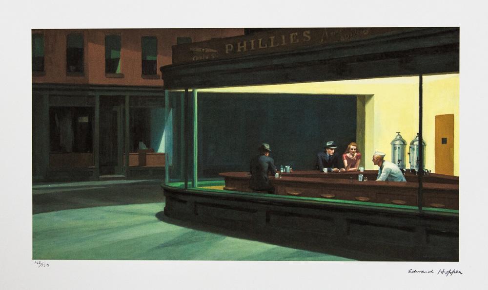 Edward Hopper "Nighthawks": Edward Hopper (after) "Nighthawks" lithography print, signed bottom right, numbered with pencil bottom left, limited edition 102/150, bottom left embossing stamp "Georges Israel Editeur", cotton paper